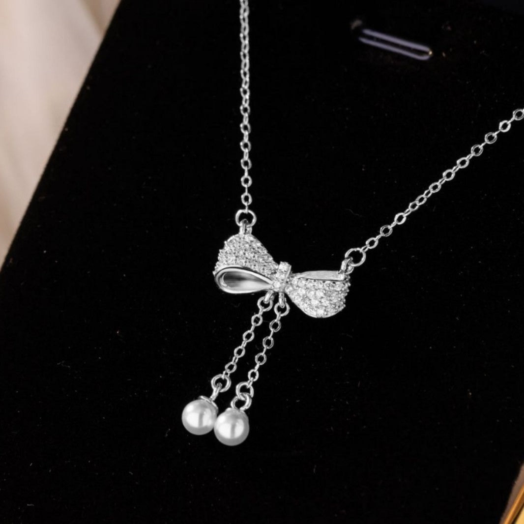 Princess on the Run Sterling Silver 925 Necklace Women's Light Luxury High-Grade Bow Clavicle Chain Shijia Pearl Pendant