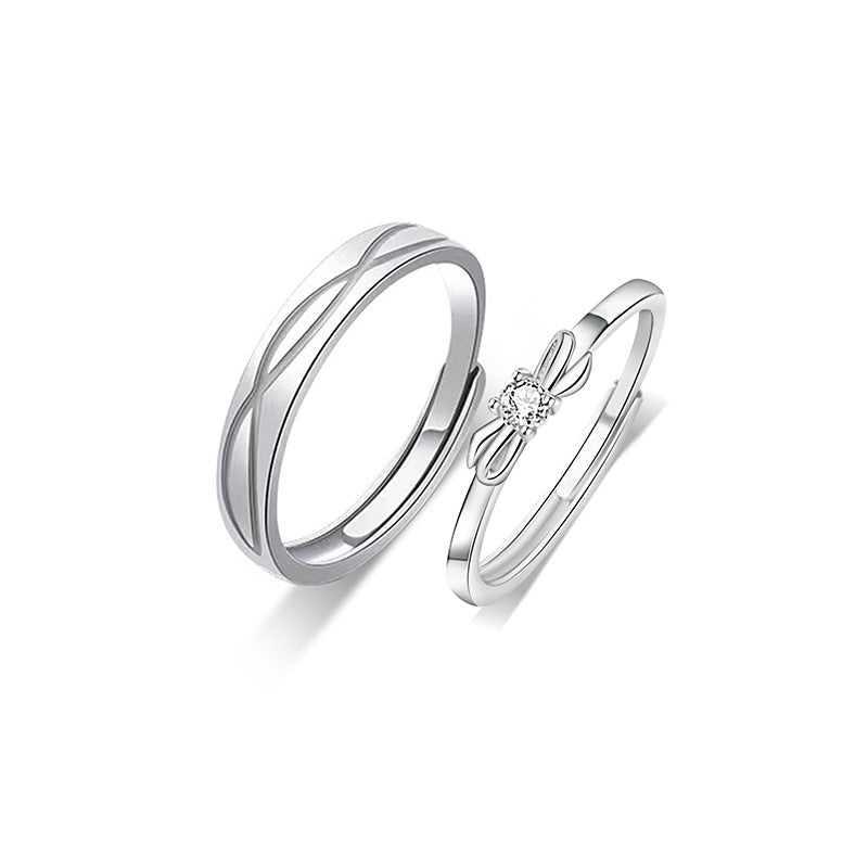 Bow Sterling Silver 925 Couple Ring Men's and Women's Light Luxury High-Grade White Crystal Ring Ins Escape Princess Ring