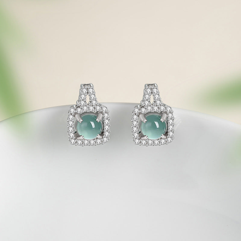 Square Sugar Sterling Silver 925 Stud Earrings Female Niche Design Light Luxury Natural Dangerous Material Blue Water Jade Earrings Ins Style Earrings