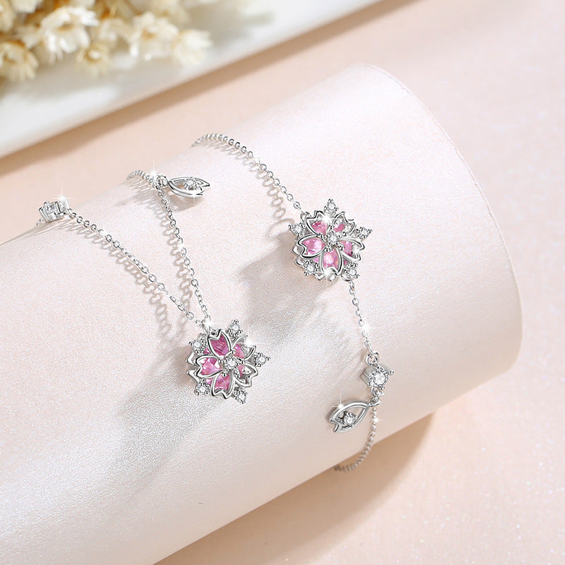 Cherry Blossom Sterling Silver S925 Bracelet Women's Fashion Versatile Pink Zircon Bracelet Ins Style Tassel Bracelet