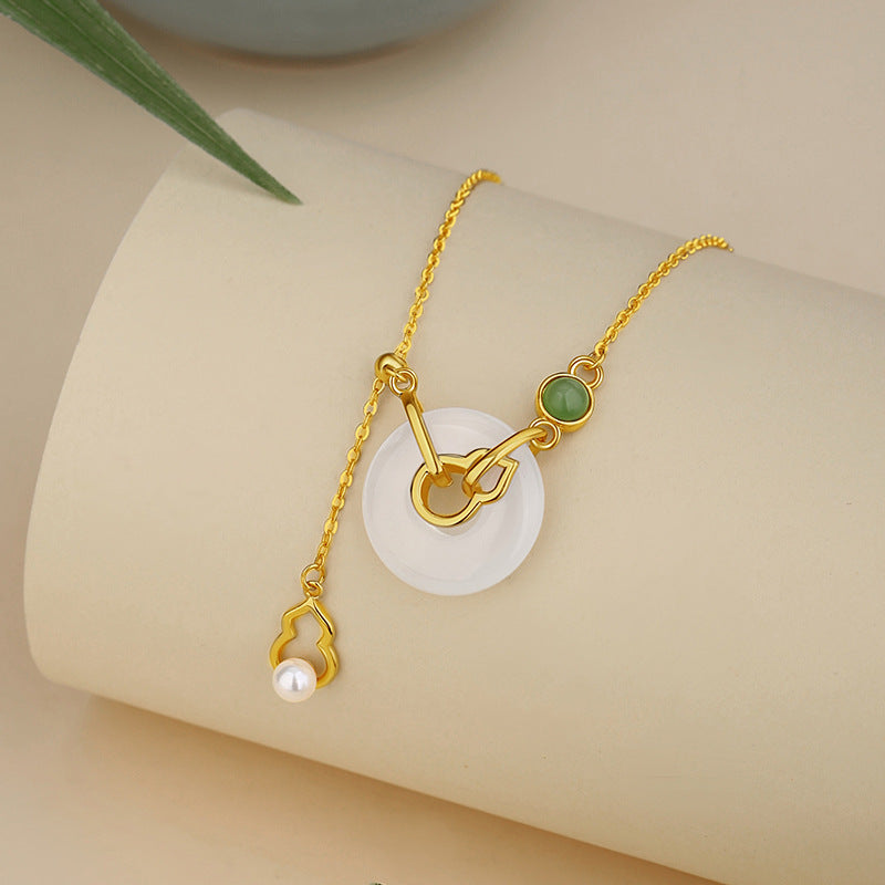 Fu Lu Double Full Sterling Silver 925 Chalcedony Necklace National Fashion Pearl Gourd Clavicle Chain Peace Buckle Hetian Jasper Pendant