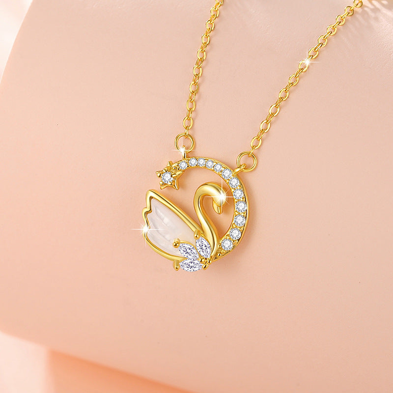 Swan Sterling Silver 925 Necklace Female Niche Design Light Luxury Star Zircon Clavicle Chain White Fritillary Moon Pendant