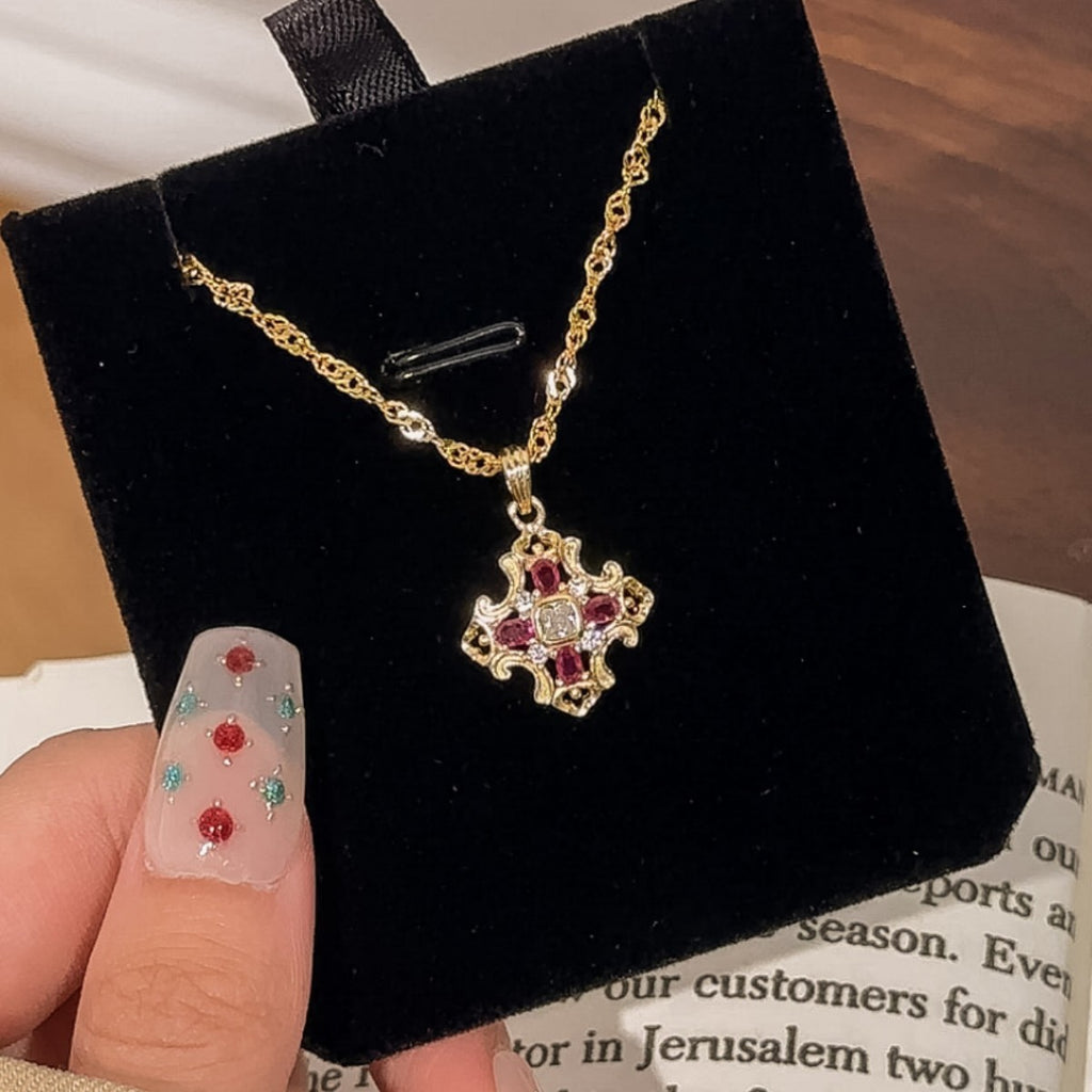 Cross Sterling Silver 925 Necklace Mid-Ancient Court Buqi Style Zircon Clavicle Chain Light Luxury High-Grade Square Sugar Pendant