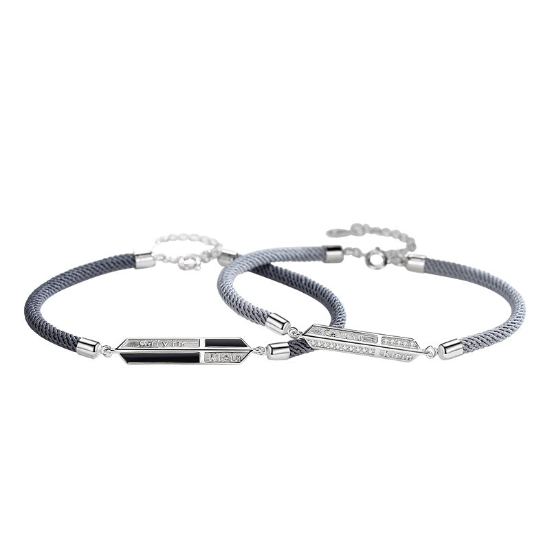 Love Mark Couple Bracelet Gray Rope S925 Sterling Silver Men's and Women's Couple Bracelet Light Luxury Niche Valentine's Day Gift