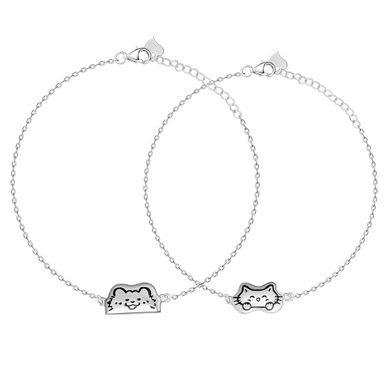 S925 Sterling Silver Hand-Painted Cat Couple Bracelet Niche Design Adjustable Ins Style Bracelet Boys and Girls Style