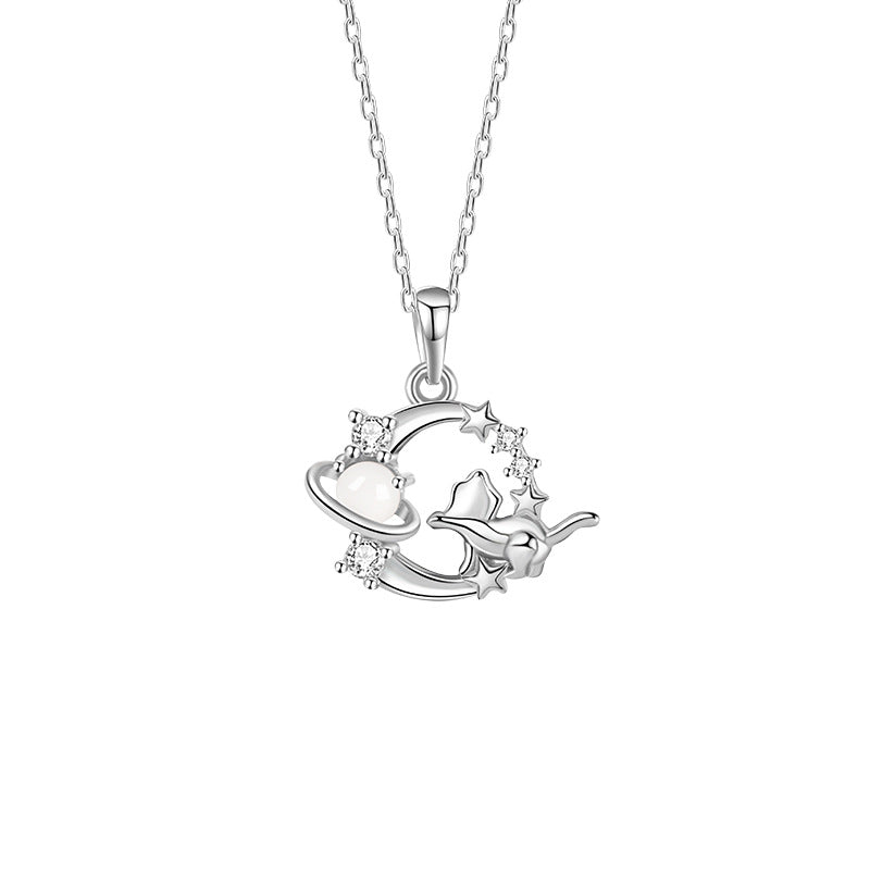 Original S925 Sterling Silver Moon Cat Necklace Female Inlaid White Agate Fashion Clavicle Chain Niche Ins Style Necklace