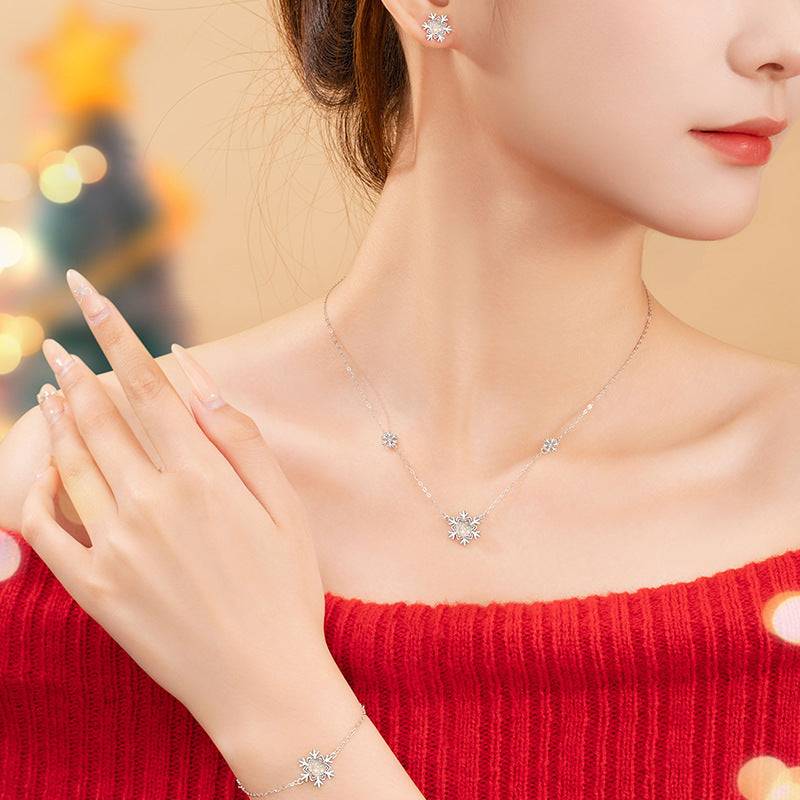 Snowflake Sterling Silver 925 Necklace Women's Fashion Versatile Glazed Stone Star Clavicle Chain Ins Style Christmas Pendant