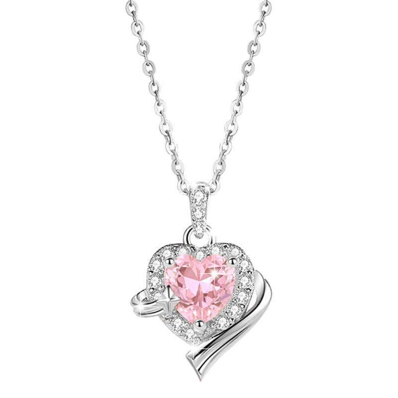 Lovely Sterling Silver 925 Necklace Female Niche Design Light Luxury Star Clavicle Chain Item Ins Pink Zircon Pendant