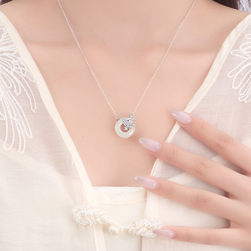 S925 Sterling Silver Natural White Jade Necklace Female Niche Swallow Design 520 Gift Live Delivery One-Piece Delivery