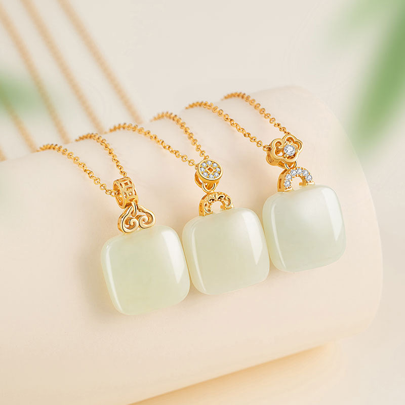 Xiangyun Ruyi Small Square Sugar Sterling Silver 925 Necklace Women's New Chinese National Fashion Hetian Jade Clavicle Chain No-Matter Brand Pendant