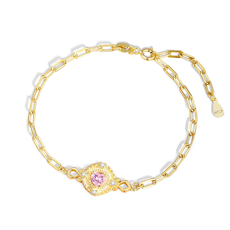 Original Heart Has You Sterling Silver 925 Bracelet Women's Light Luxury High-Grade Pink Zircon Bracelet Ins Style Lovely Bracelet