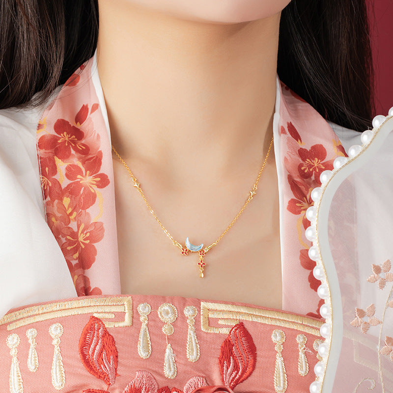 Moon Sterling Silver 925 Necklace Female Niche Design Light Luxury Glass Stone Clavicle Chain Ins Style Flower Tassel Pendant