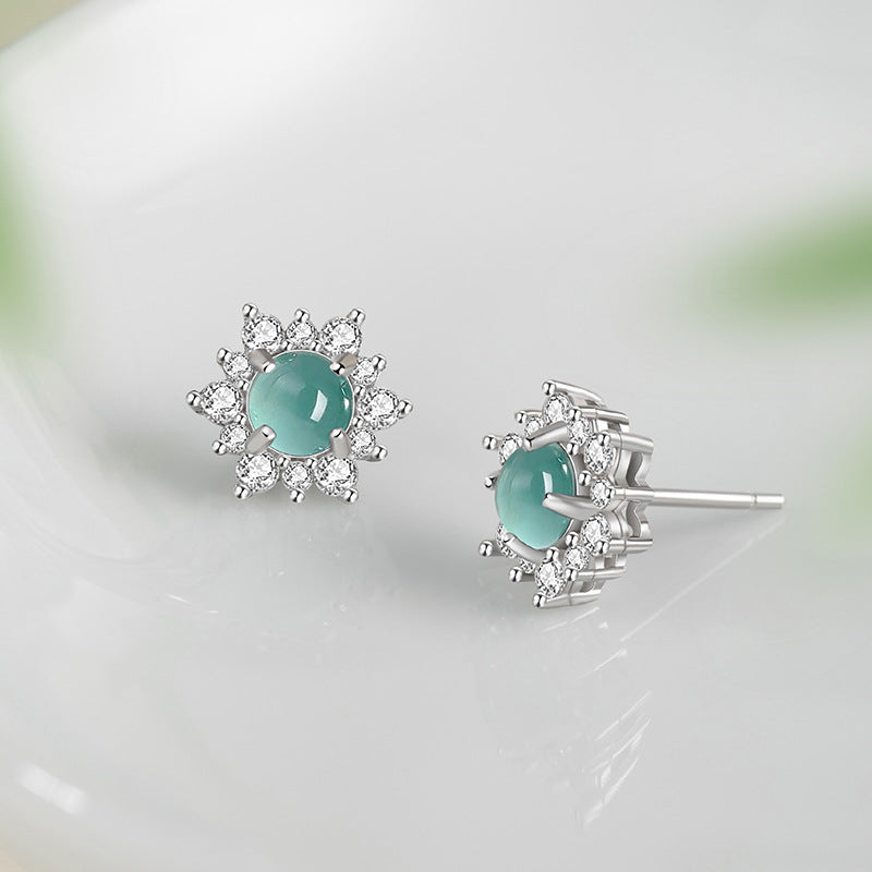 Sunflower Sterling Silver 925 Ring Women's Light Luxury High-Grade Natural Blue Water Dangerous Material Jade Earrings Ins Flower Earrings