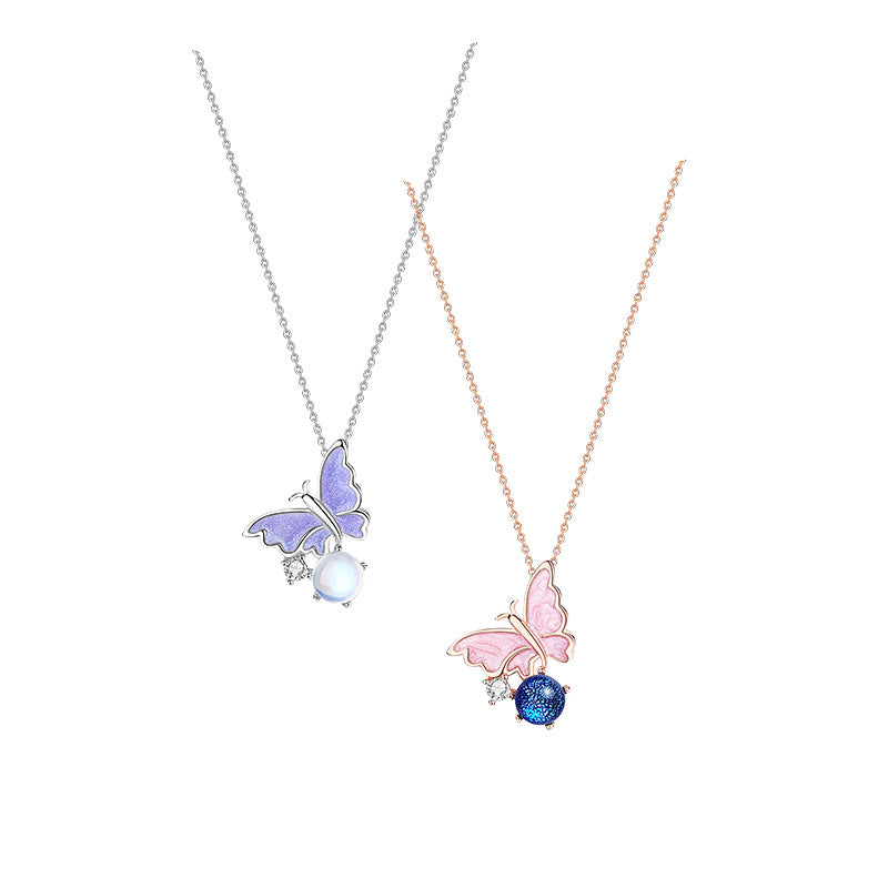 Original Design Butterfly Necklace Female 925 Silver Mori Style Valentine's Day Niche Personality Glaze Ins Cute Pendant