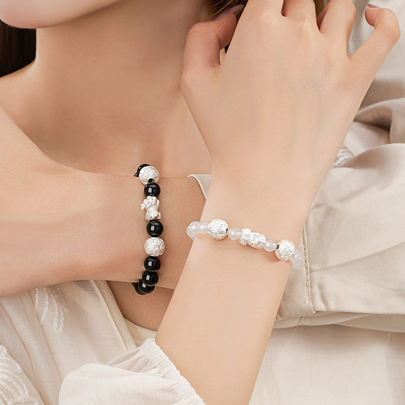Pure Silver 999 Couple Bracelet New Chinese Style Trendy White Agate Lucky Beads Bracelet Ins Style Copper Coin Bracelet