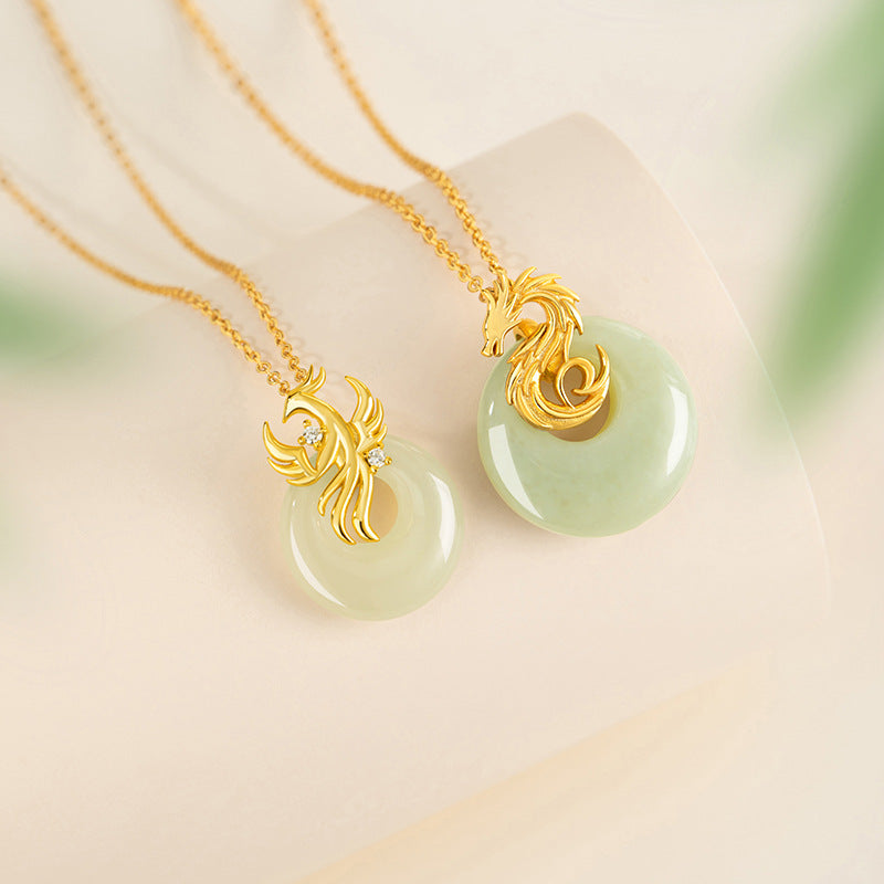 S925 Sterling Silver Couple Necklace New Chinese Style Niche Dragon and Phoenix Design High-Grade Hetian Jade Princess Buckle Lover Gift