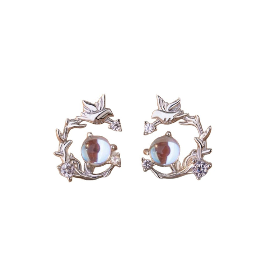 Blue Eucalyptus and Bird Sterling Silver 925 Stud Earrings Female Niche Design Light Luxury Zircon Earrings Ins Little Red Book Garland Earrings