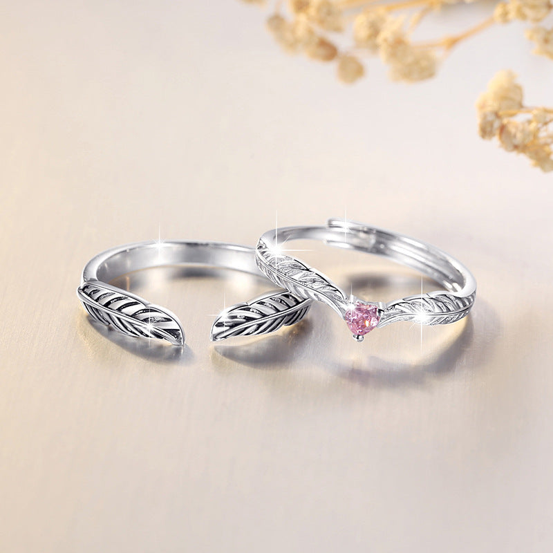 Guardian Feather Pure Silver 925 Couple Ring Men and Women Fashion All-Match Feather Ring Get Things Ins Love Ring