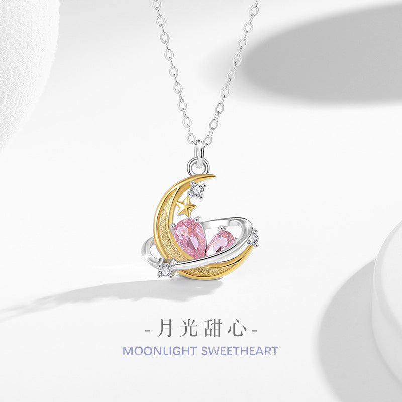 Star Moon Sterling Silver 925 Necklace Female Niche Design Light Luxury Planet Pink Diamond Clavicle Chain Ins Love Pendant