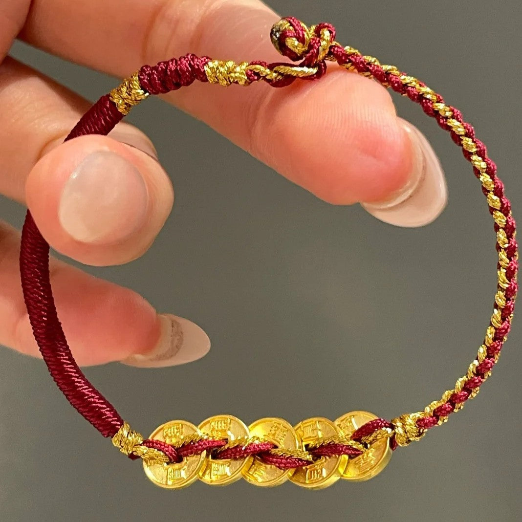 Five Emperors Coin Sterling Silver 925 Bracelet New Chinese National Fashion Lucky Beads Woven Bracelet