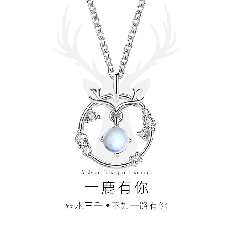 Mori Antler Necklace Ring Moonstone Pendant Niche S925 Silver Jewelry One Deer Accompanied Valentine's Day Gift Wholesale