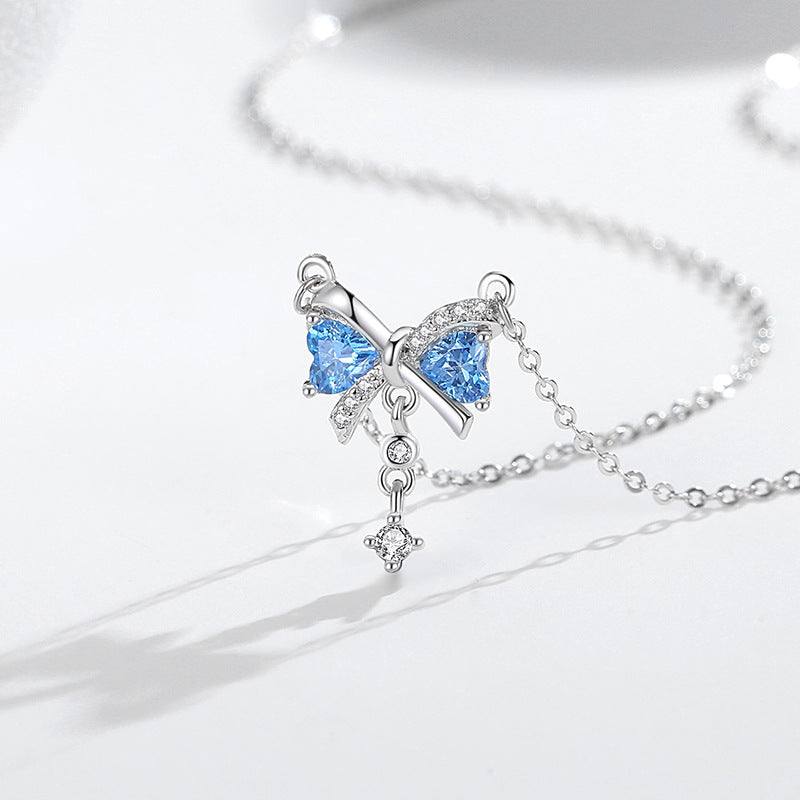 Bowknot Sterling Silver 925 Necklace Female Niche Design Light Luxury Tassel Clavicle Chain Ins Style Lovely Zircon Pendant