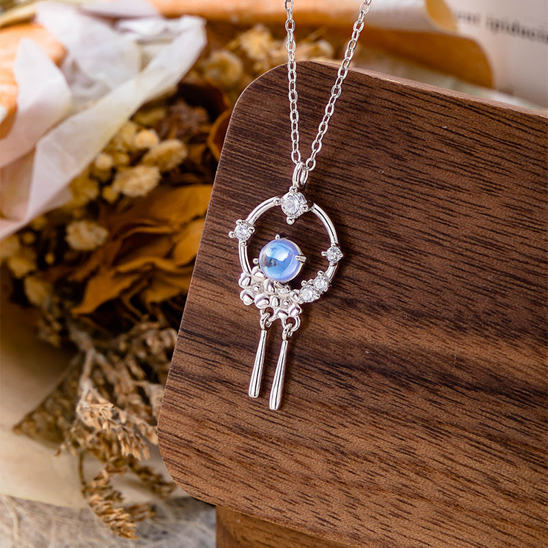 New Chinese Style S925 Sterling Silver Necklace Female Moonstone Tassel Pendant National Style Clavicle Chain Light Luxury Jewelry Factory Wholesale