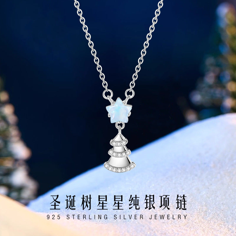 Christmas Tree Sterling Silver 925 Necklace Female Niche Design Light Luxury Glass Stone Clavicle Chain Ins Style Star Pendant