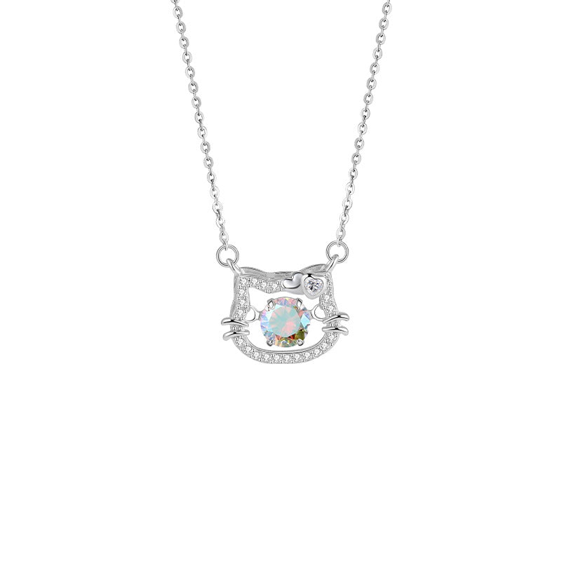S925 Sterling Silver Smart Hello Kitty Necklace Beating Colorful Zircon Pendant Cross-Border Special for Cute Girl Jewelry