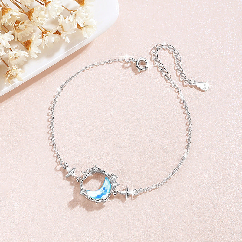 Moon Sterling Silver 925 Bracelet Women's Fashion All-Match Glass Stone Bracelet Ins Style Star Zircon Bracelet