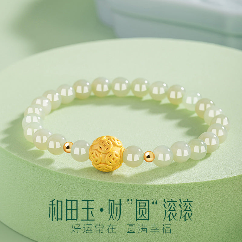 Copper Coin Sterling Silver 925 Hetian Jade Bracelet Female New Chinese National Fashion Lucky Beads Bracelet Ins Style Mother's Day Bracelet