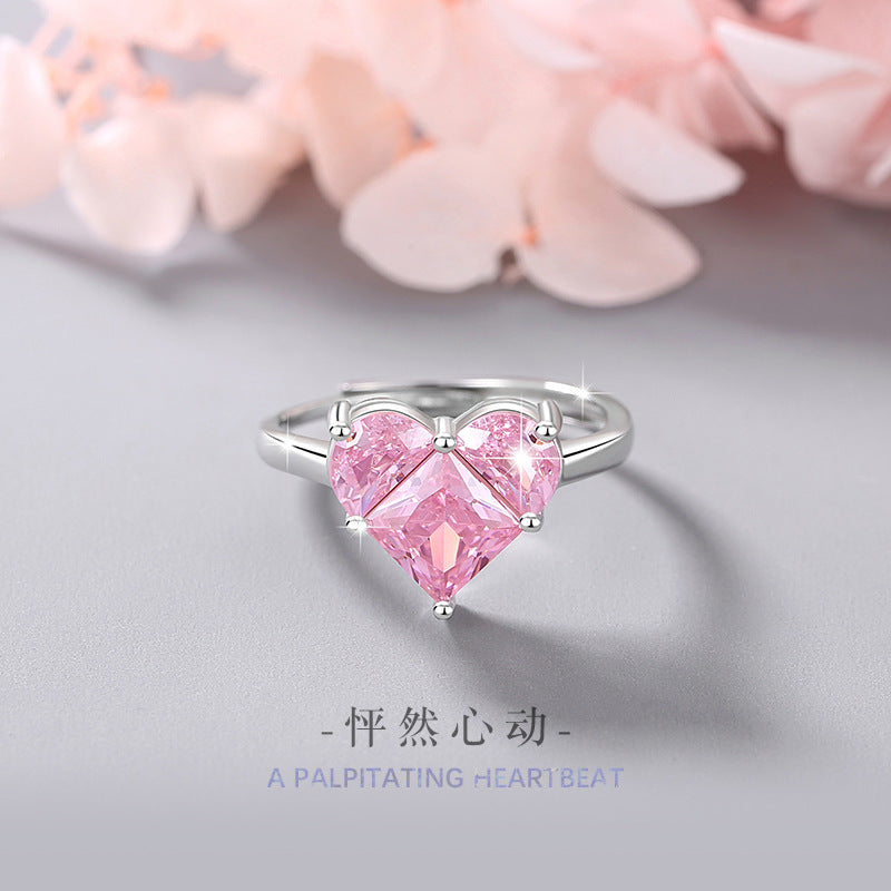 Lovely Sterling Silver 925 Ring Female Niche Design Light Luxury Pink Diamond Ring Thing Ins Style Heart-Shaped Zircon Ring