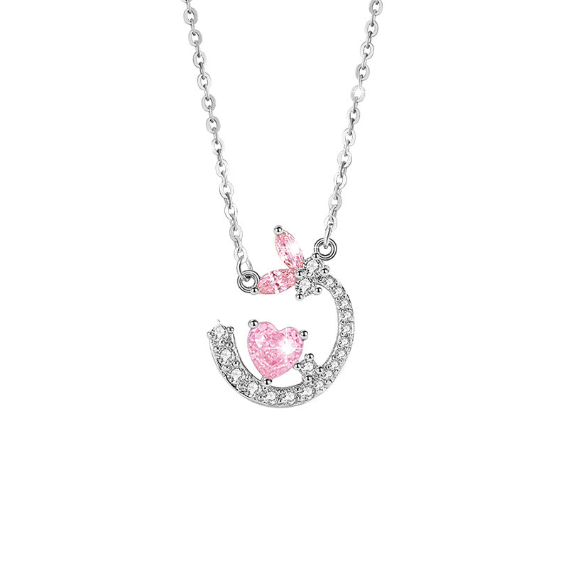 Butterfly Sterling Silver 925 Necklace Women's Fashion Versatile Moon Clavicle Chain 520 Valentine's Day Love Pink Diamond Pendant