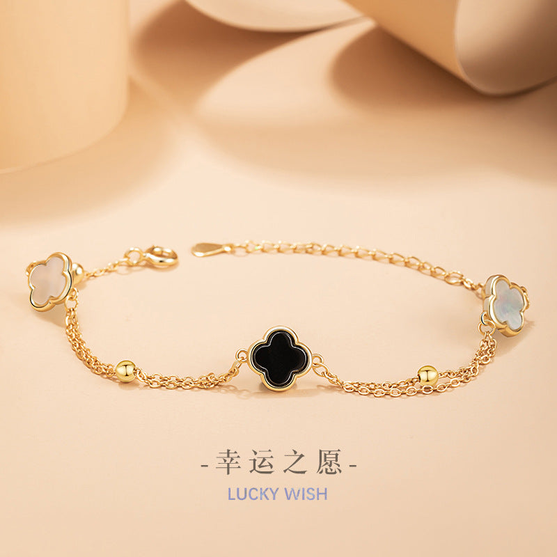 Bracciale in argento sterling 925 – quadrifoglio e agata nera