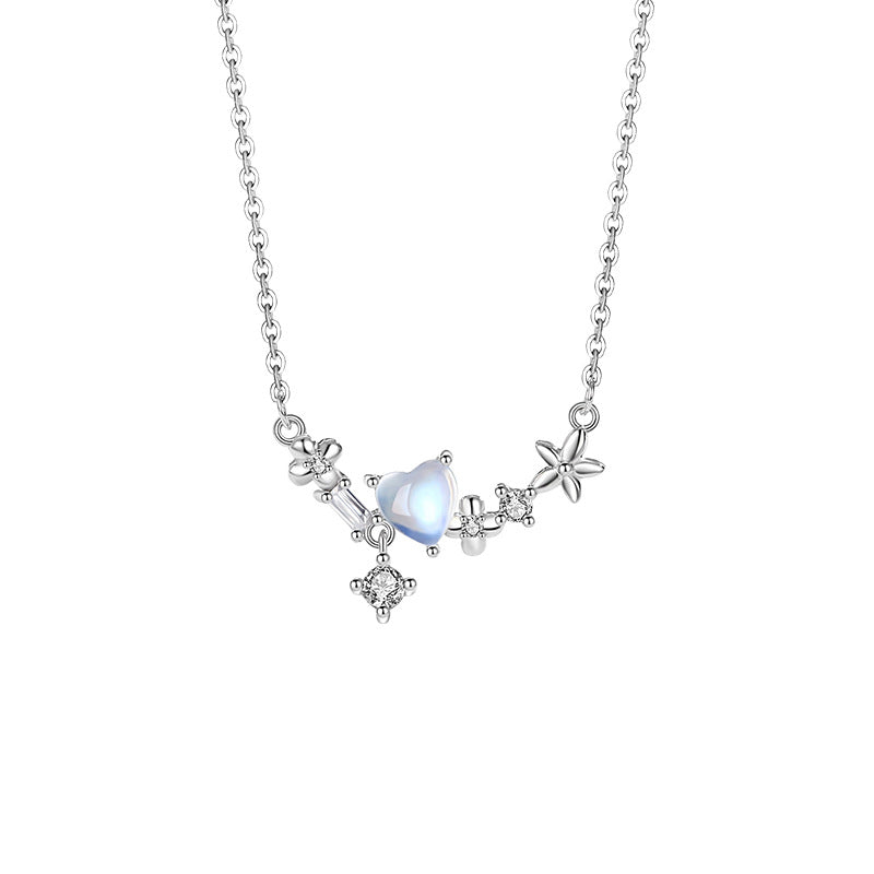 Lovely Sterling Silver 925 Necklace Women's Fashion Versatile Moonstone Clavicle Chain Ins Style Star Pendant for Girlfriend