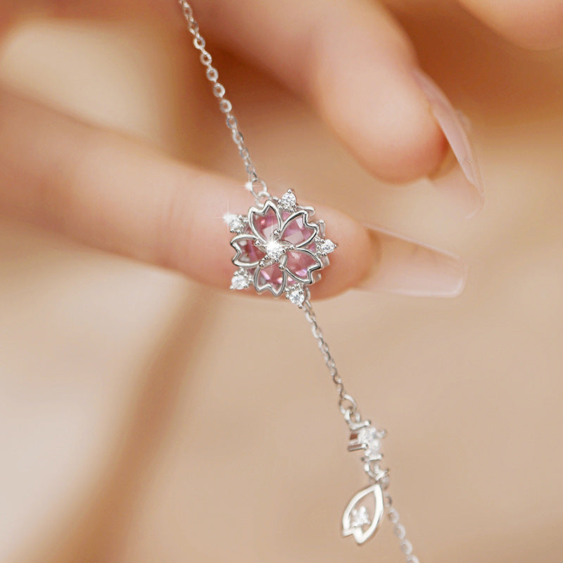 Cherry Blossom Sterling Silver S925 Bracelet Women's Fashion Versatile Pink Zircon Bracelet Ins Style Tassel Bracelet