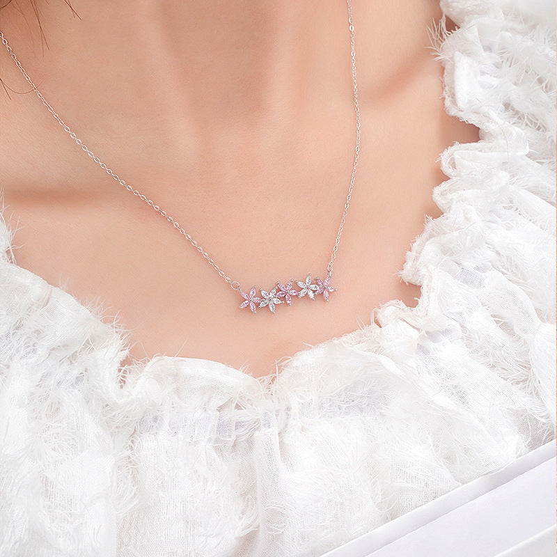INS Style S925 Sterling Silver Necklace Bracelet Female Pink Zirconium Flower Set Niche Light Luxury Gift for Girlfriend Valentine's Day Gift