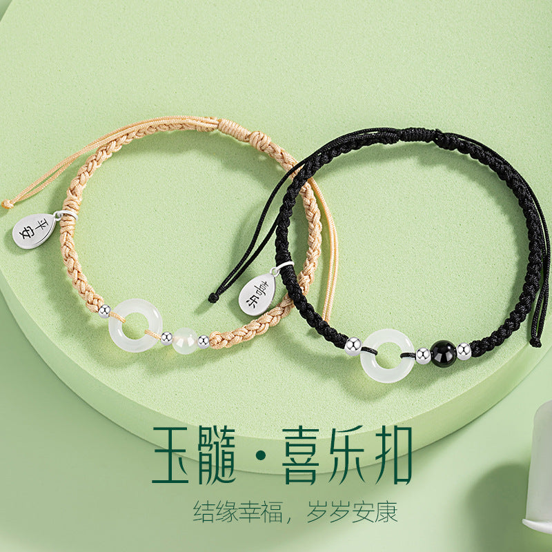 Safety Buckle Sterling Silver 925 Couple Bracelet New Chinese National Fashion Chalcedony Safety Buckle Bracelet Happy Black Agate Bracelet