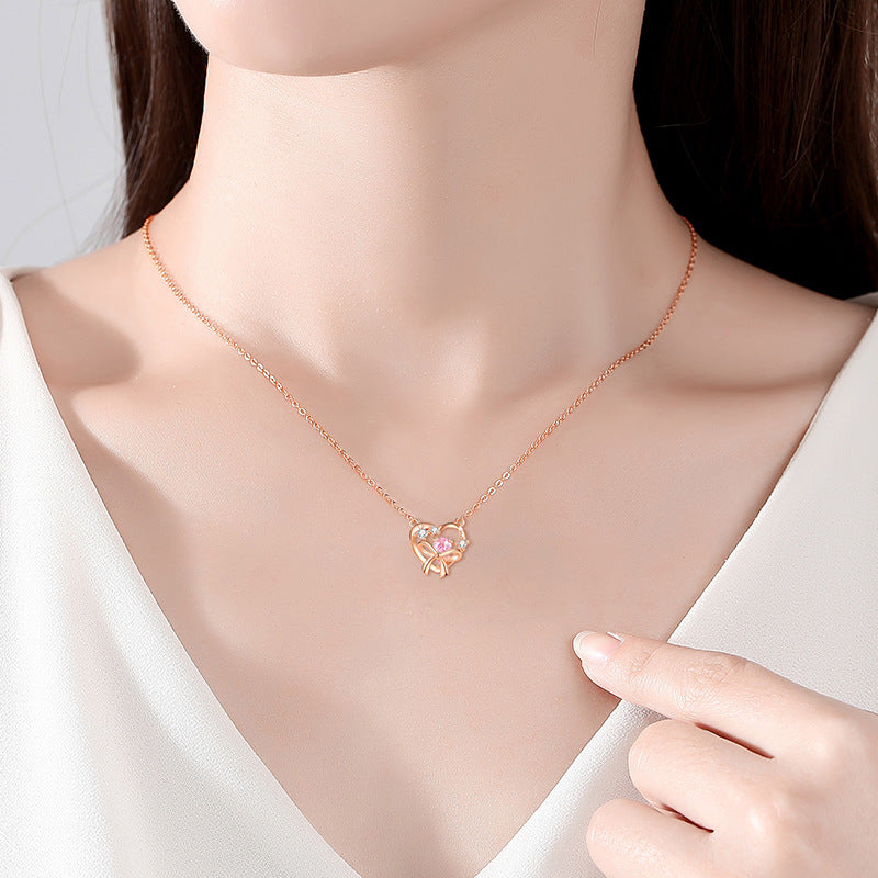 Lovely Sterling Silver 925 Necklace Female Niche Design Light Luxury Pink Diamond Clavicle Chain Get Things Ins Style Bow Pendant