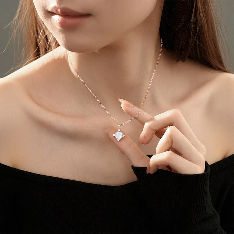 S925 Sterling Silver Necklace Women's Inlaid Natural White Chalcedony Fritillaria Four Awn Star Clavicle Chain Gentle Style Valentine's Day Gift