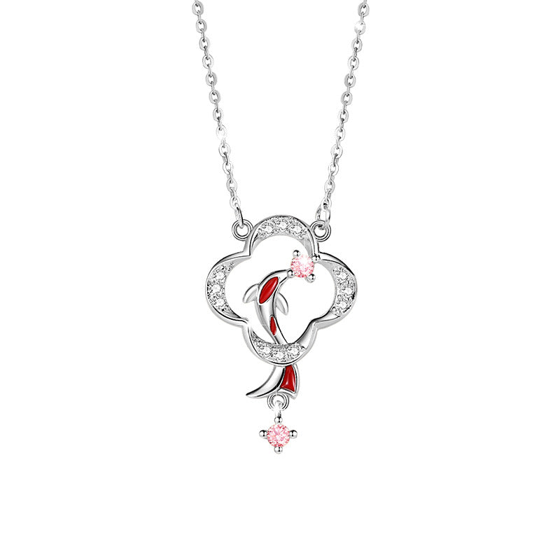 Lucky Koi Fish Sterling Silver 925 Necklace Women's Fashion Versatile Pink Zircon Clavicle Chain Ins Clover Pendant