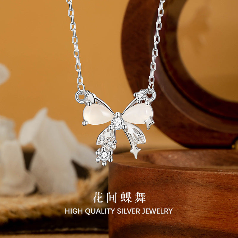 Fantasy Star White Chalcedony Bow Pendant S925 Sterling Silver Diamond-Embedded Clavicle Chain High-Grade Sweet Style for Girlfriend