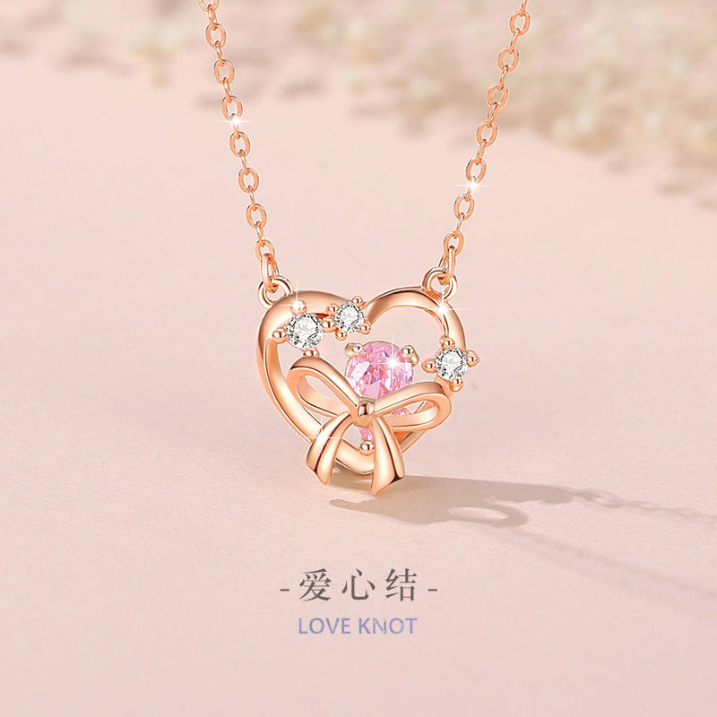 Lovely Sterling Silver 925 Necklace Female Niche Design Light Luxury Pink Diamond Clavicle Chain Get Things Ins Style Bow Pendant