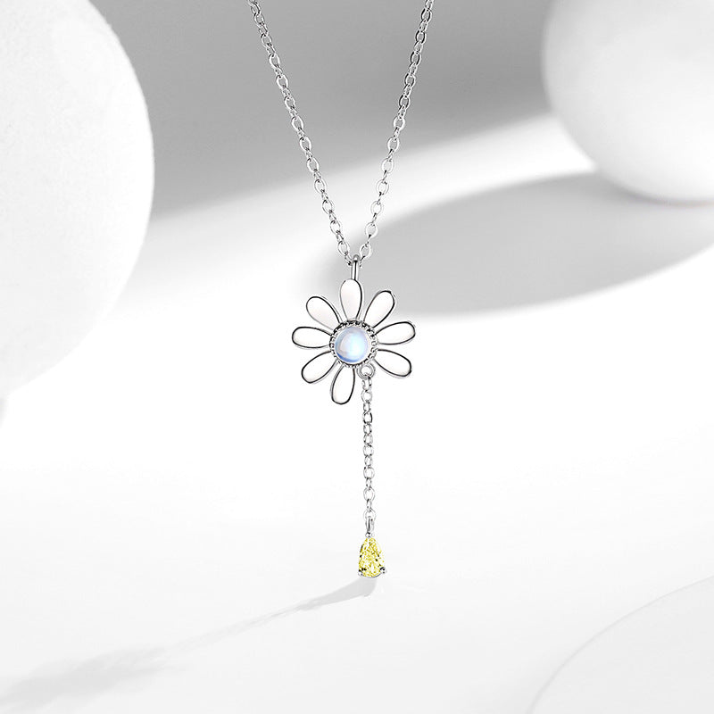 Daisy Sterling Silver 925 Necklace Set Female Niche Design Light Luxury Sunflower Bracelet Ins Glass Stone Ring
