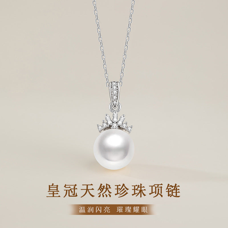 Natural Freshwater Pearl Sterling Silver 925 Necklace Women's Light Luxury High-Grade Crown Zircon Clavicle Chain Ins Style Pendant