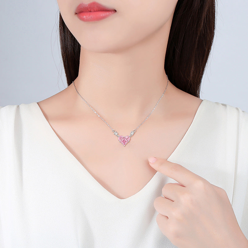 Heart-Shaped Sterling Silver 925 Necklace for Women, Niche Design, Light Luxury Pink Diamond Clavicle Chain, INS Style Heart-Shaped Pendant