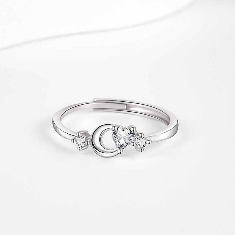 Light Luxury Couple Ring S925 Sterling Silver Japanese and Korean Trendy Student Niche Love White Crystal Design Open Mouth Ring