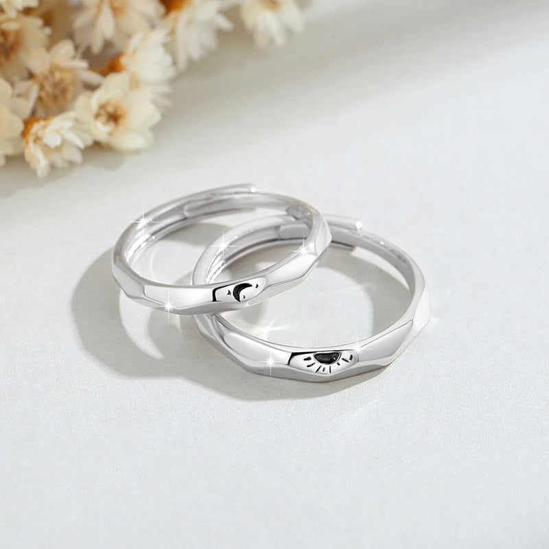 Sun and Moon Pure Silver 999 Couple Ring Men and Women Niche Design Light Luxury Rhombus Ring Qixi Ins Sun Ring