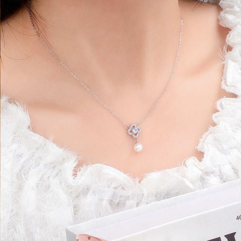 New S925 Sterling Silver Clover Pearl Set Necklace Stud Earrings Ring Light Luxury Zircon Jewelry Female Factory Direct Supply