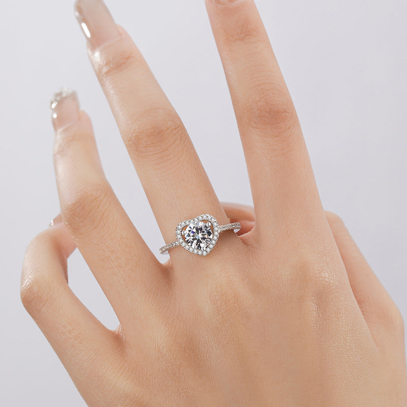Heart-Shaped Sterling Silver 925 Diamond Ring Women's Light Luxury High-Grade Wedding Proposal Ring Heart-Shaped Hollow Ring